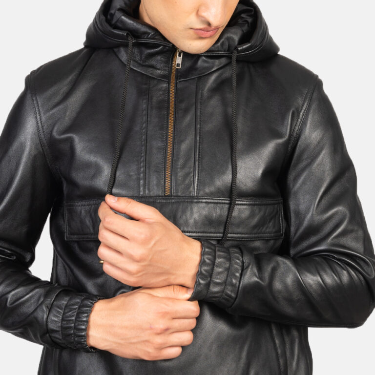 Mens Kenton Hooded Black Leather Pullover Jacket Close-Up-9-1634134579462